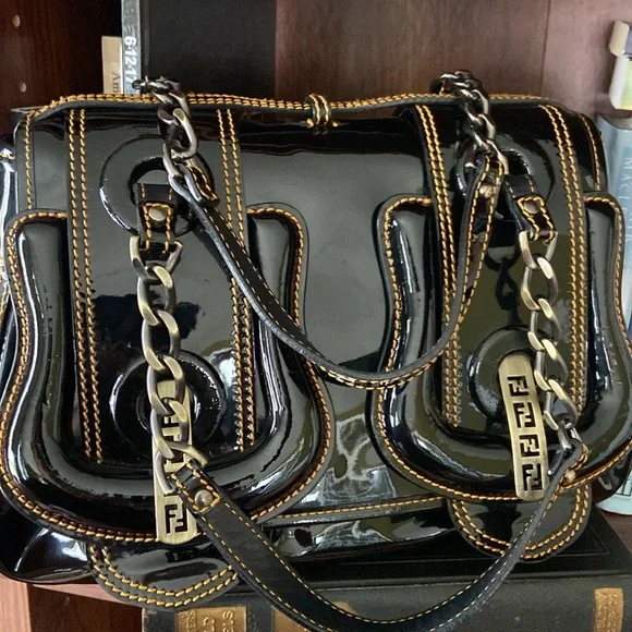Fendi B Bag Purse in Black Patent Leather with Orange Contrast Top Stitching - Picture 7 of 16